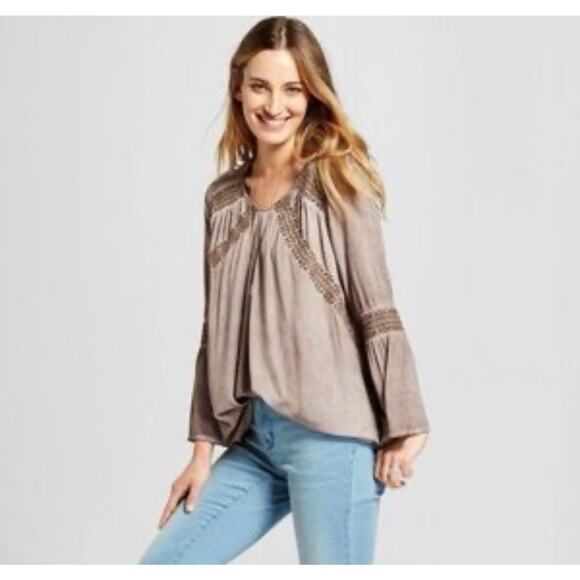 Knox Rose Long Sleeve Peasant Blouse Sz XL NWOT Brown Distress Wash Embroidered - Picture 1 of 13